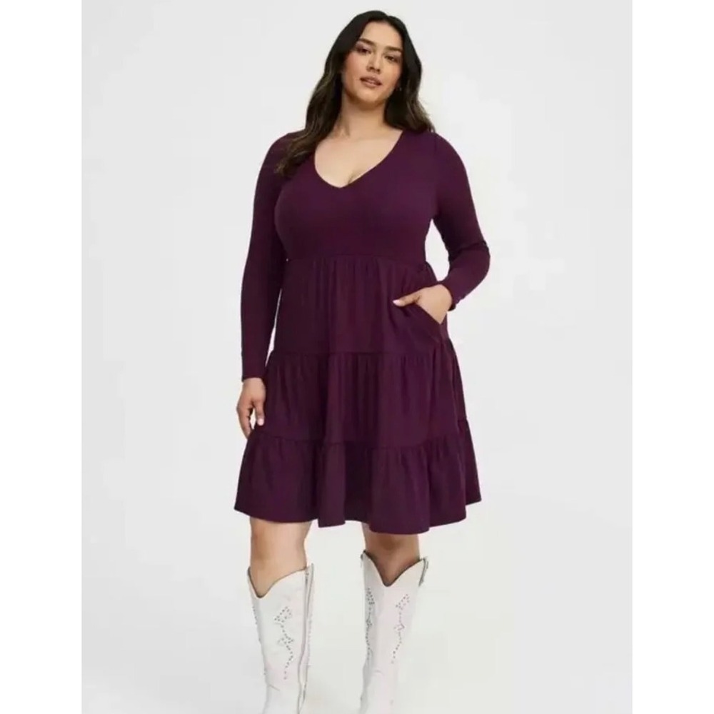Torrid Purple Waffle Knit Tiered Mini Dress Long Sleeve V-Neck Pockets Size 3